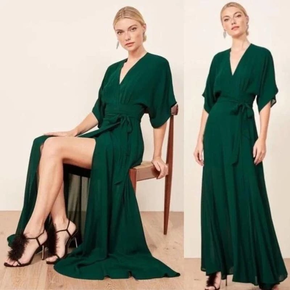 Reformation Winslow Wrap Dress in Emerald Green Womens Large